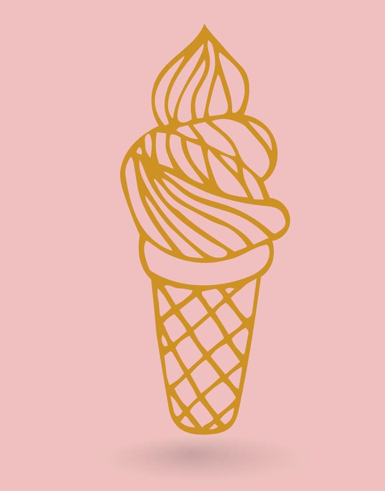 Cute gold ice cream cone isolated on pink background. Card, poster, sticker. vector