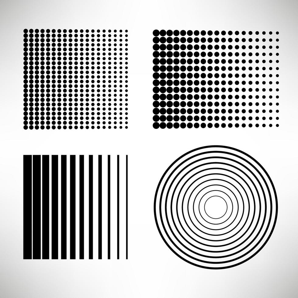 Halftone elements, round shape, stripped, dotted isolated on white background. vector