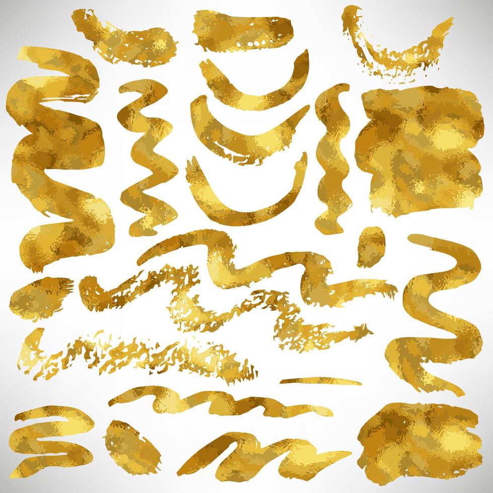 conjunto de oro dibujado a mano de elementos de diseño grungy, trazos descarados. papel de oro. plantilla de texto fondo de textura grunge dorado aislado en blanco. vector