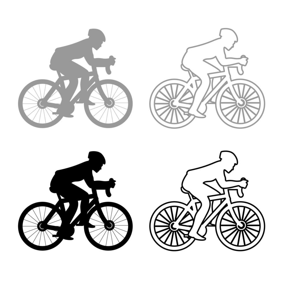 Cyclist on bike silhouette icon outline set grey black color vector