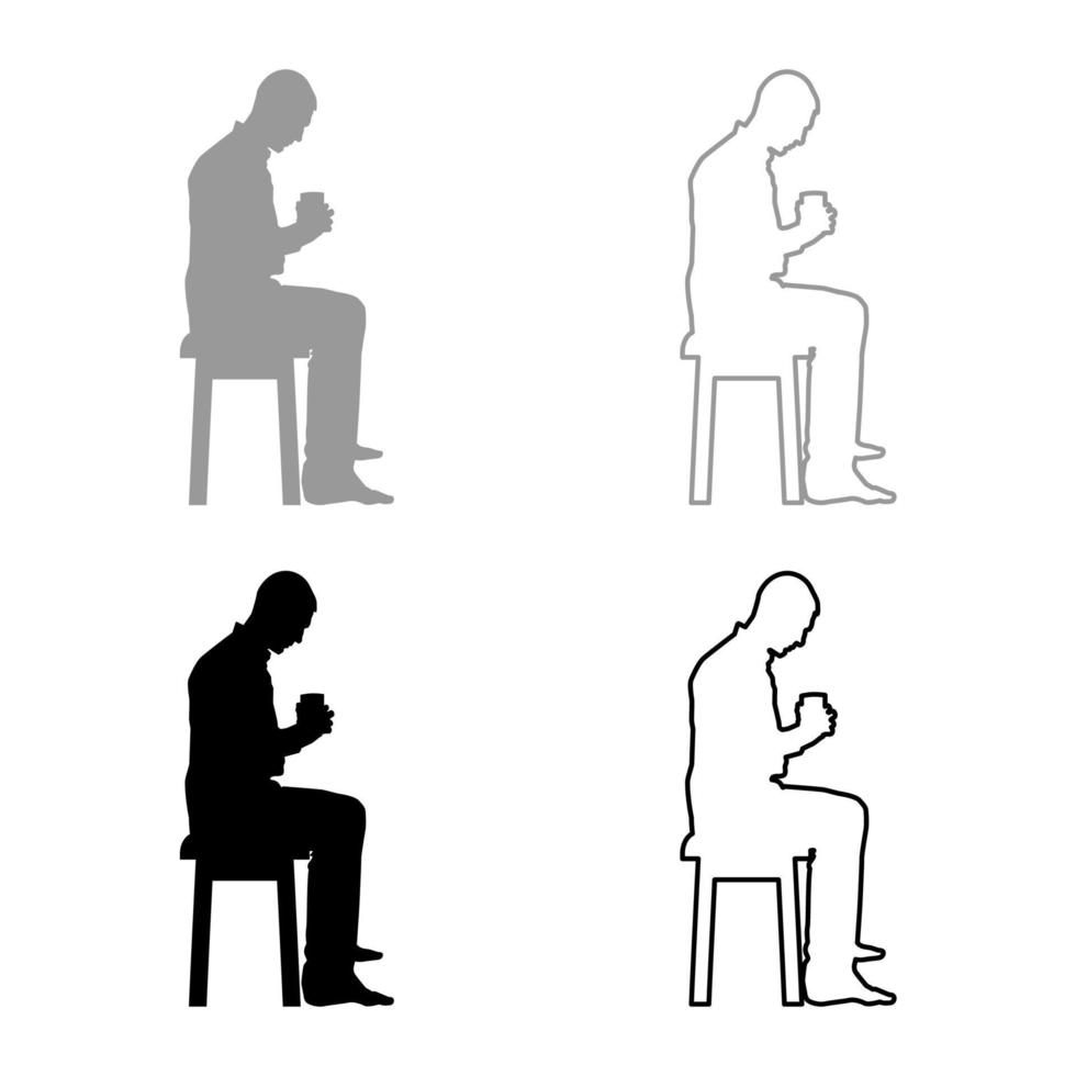 hombre sosteniendo una taza y mirando el contenido dentro mientras está sentado en un taburete concepto de calma y comodidad en el hogar conjunto de iconos ilustración de color negro gris contorno estilo plano imagen simple vector