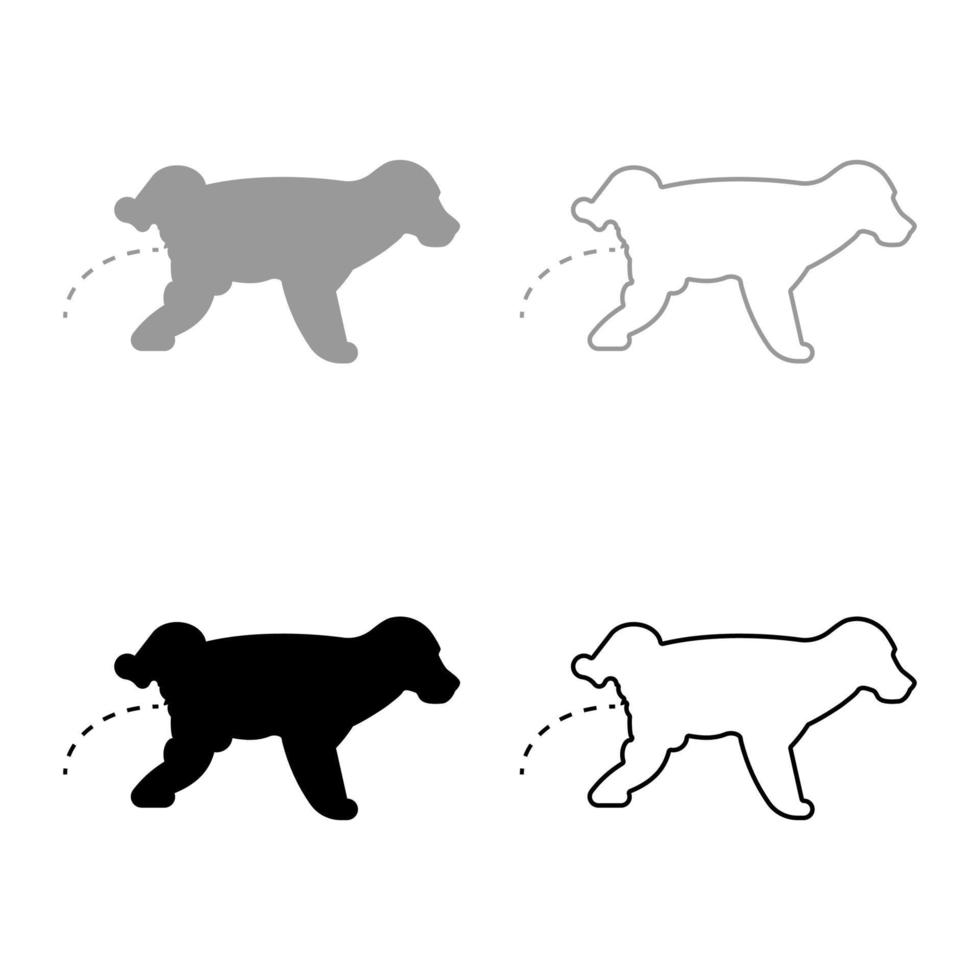 cachorro de perro meando mascota meando con la pierna levantada conjunto de iconos de color gris negro ilustración vectorial imagen de estilo plano vector