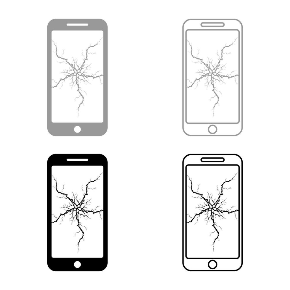 Smartphone with crack on display Broken modern mobile phone Shattered smartphone screen Phone with broken matrix of screen Cell phone with cracked touch screen in center Broken glass telephone icon vector