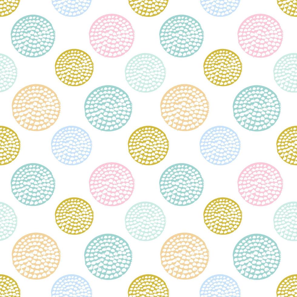Colorful textured circle seamless pattern, blue, pink, yellow round grunge polka dot, wrapping paper. vector