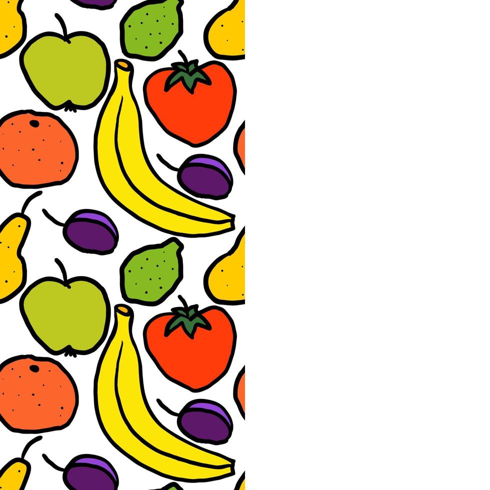 folleto con patrones sin fisuras de frutas dibujadas a mano. plátano, ciruela, naranja, pera, lima, caqui sobre fondo blanco. fruta de dibujos animados vector