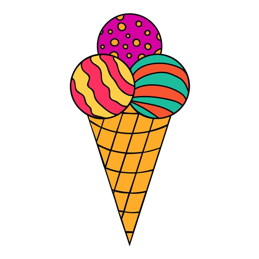 Colorful ice cream with three balls in the waffle cup with thin black contour. vector