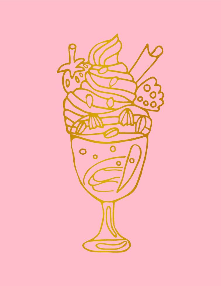 Cute gold linear ice cream, cocktail in the glass with strawberry, cookie, cinnamon isolated on pink background. Card, poster, sticker. vector