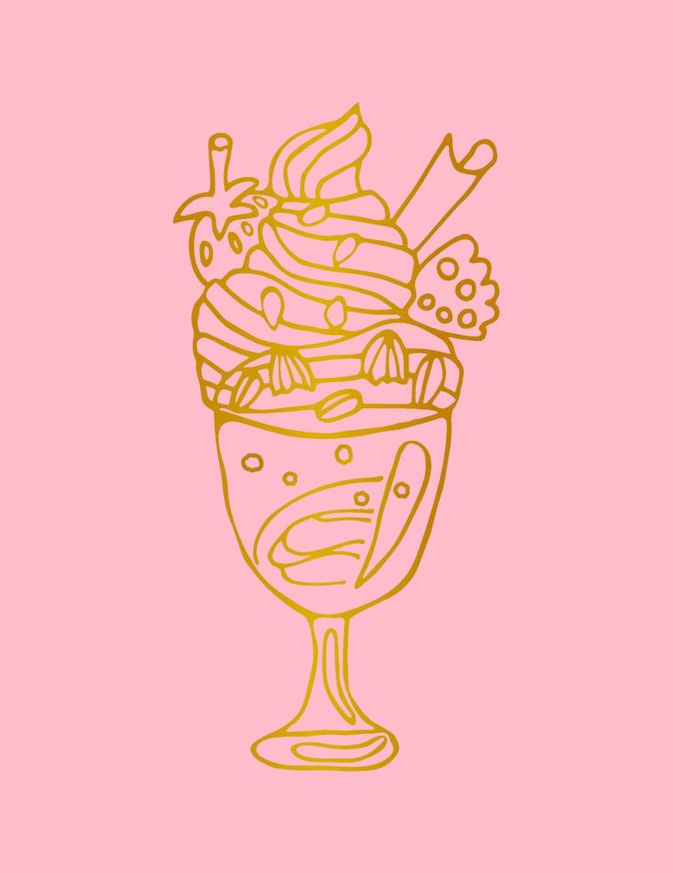 lindo helado lineal de oro, cóctel en el vaso con fresa, galleta, canela aislado sobre fondo rosa. tarjeta, cartel, pegatina. vector