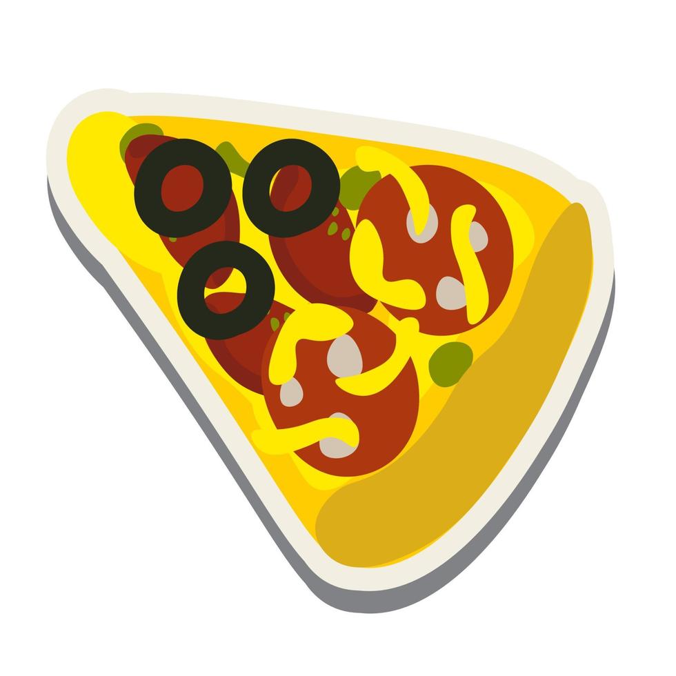 A slice of pizza with cheese, tomatoes, sausage and olives. Sticker. vector