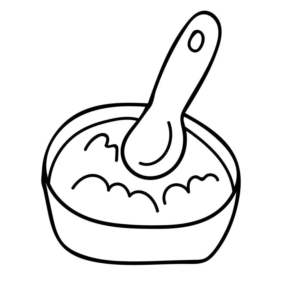 Cartoon doodle linear plate of porridge isolated on white background. vector