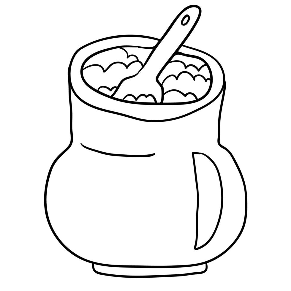 Cartoon doodle linear pot of porridge isolated on white background. vector