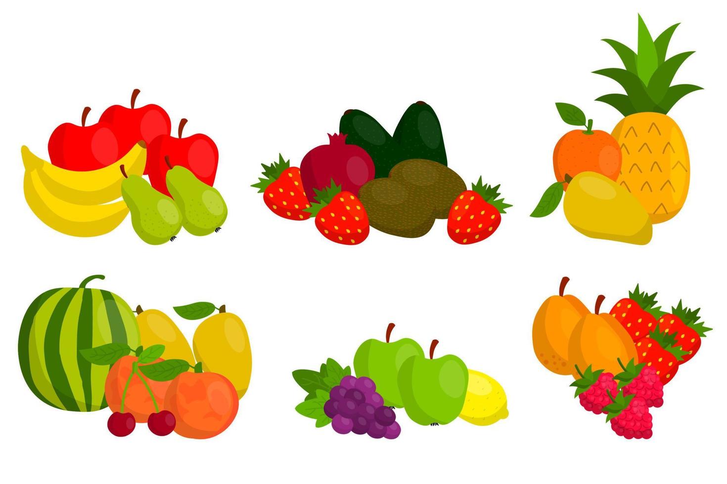 Cute fruit in flat style composition isolated on white background. Fair of harvest. Wind with fruits. Pineapple and watermelon, apple and strawberry, pear and lemon. vector