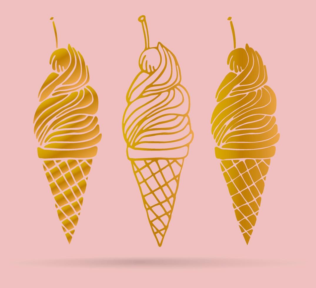 Set of cute gold ice cream cone with cherry isolated on pink background. Card, poster, sticker. vector