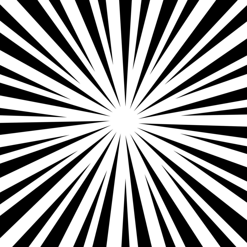 Black and white optical illusion burst background. Halftone effect. Abstract radial, convergent lines. Explosion, radiation, zoom, visual effect. Sun or star rays for Comic Books in pop art style. vector
