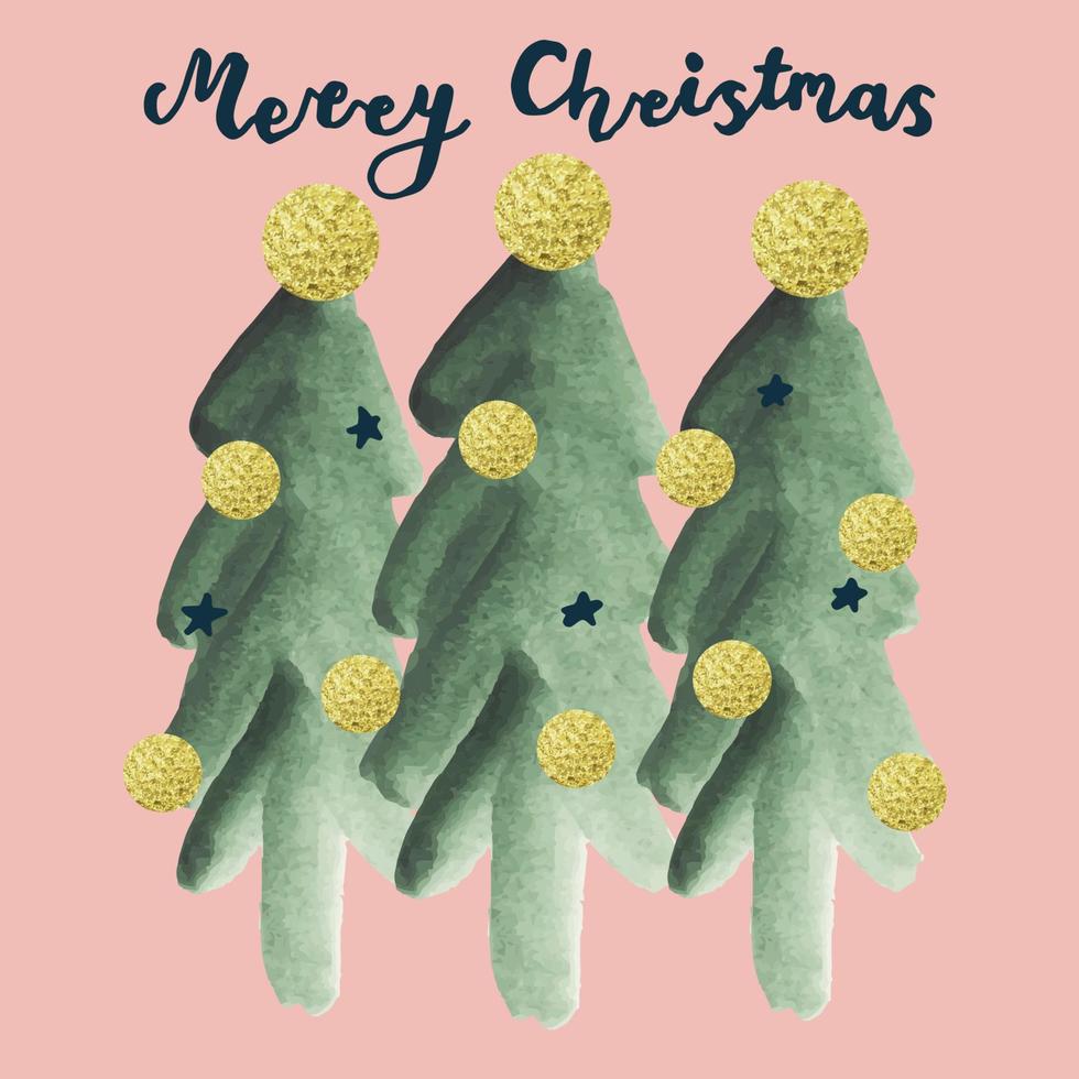 Merry Christmas greeting card with watercolor spruce tree, lettering, gold toy, stars isolated on pink background. vector