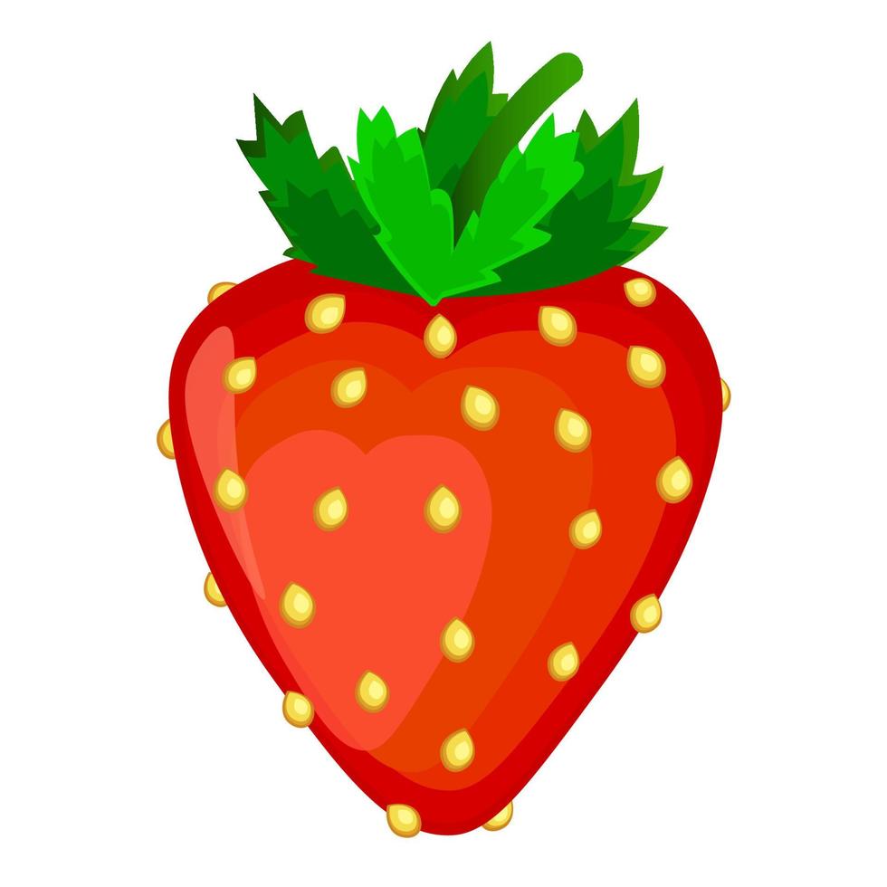 Red summer strawberry with yellow seeds and green leaves isolated on white background. Cartoon style. vector