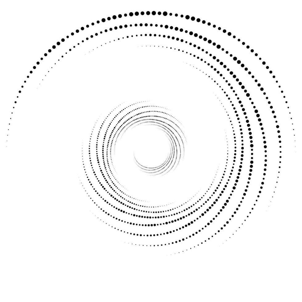 Dotted, dots, speckles abstract concentric circle. Spiral, swirl, twirl element. Circular and radial lines volute, helix. Segmented circle with rotation. Radiating arc lines. Cochlear, vortex vector