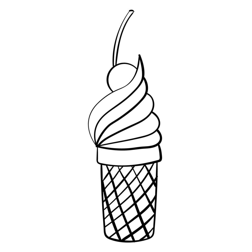 Cartoon doodle ice cream in cone with cherry isolated on white background. vector