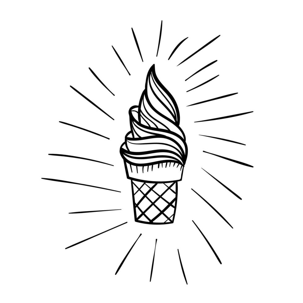 Cute black linear ice cream cone with pop art rays isolated on white background. Card, poster, sticker. vector