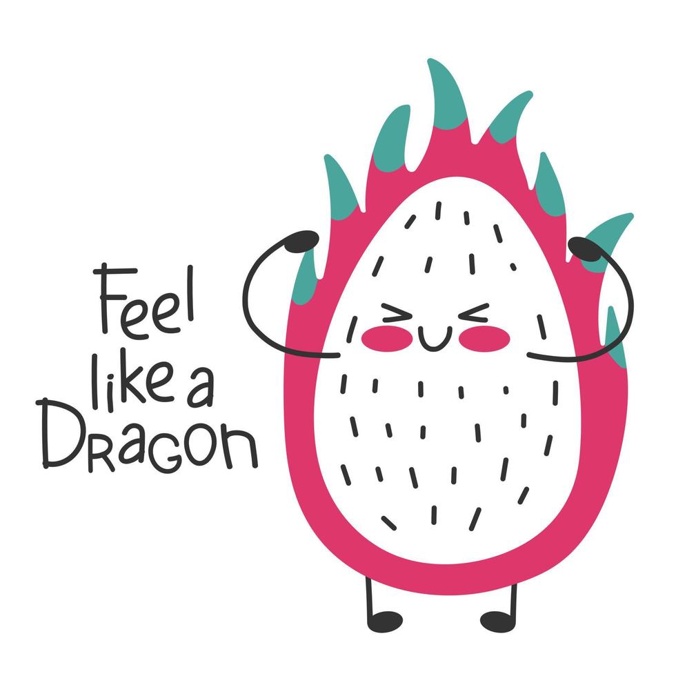 Dragon fruit cute cartoon funny character. Show his power.  Feel like a dragon. vector