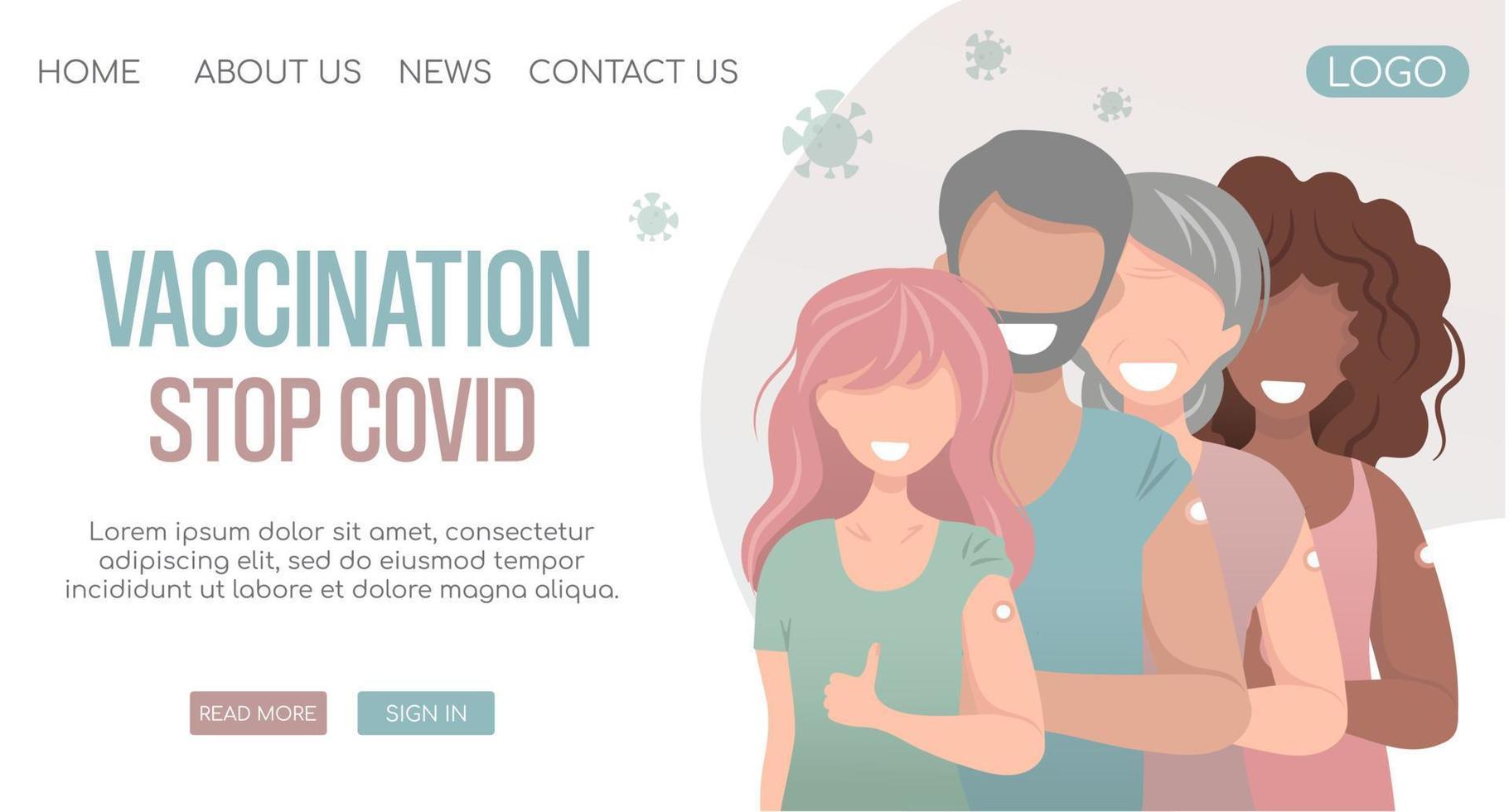 concepto de vacunación covid para la salud de la inmunidad. personas vacunadas de diferentes edades, razas, hombres y mujeres, internacionales, multiétnicas, multirraciales. salud, coronavirus, prevención. banner web vector