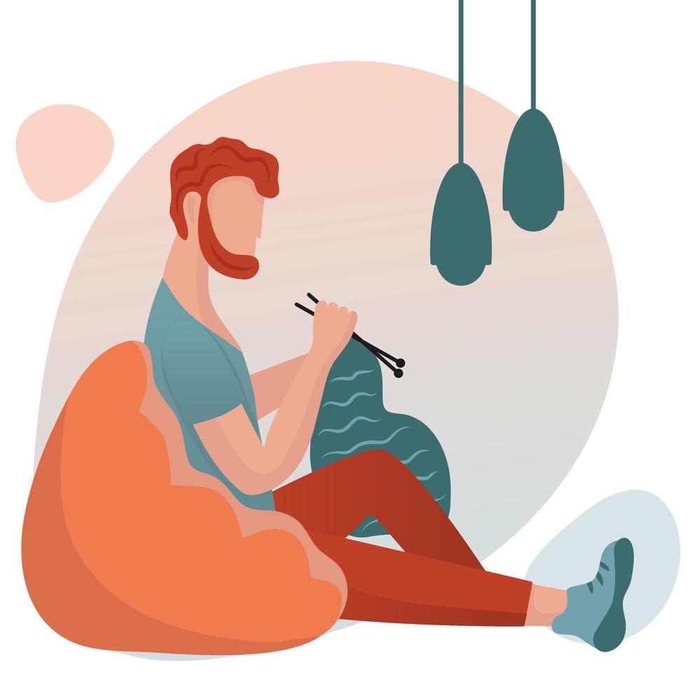 Man knits at home sitting in bean lazy  bag. Hobby time. Cozy home. Vector cute flat cartoon illustration.  Handmade concept.