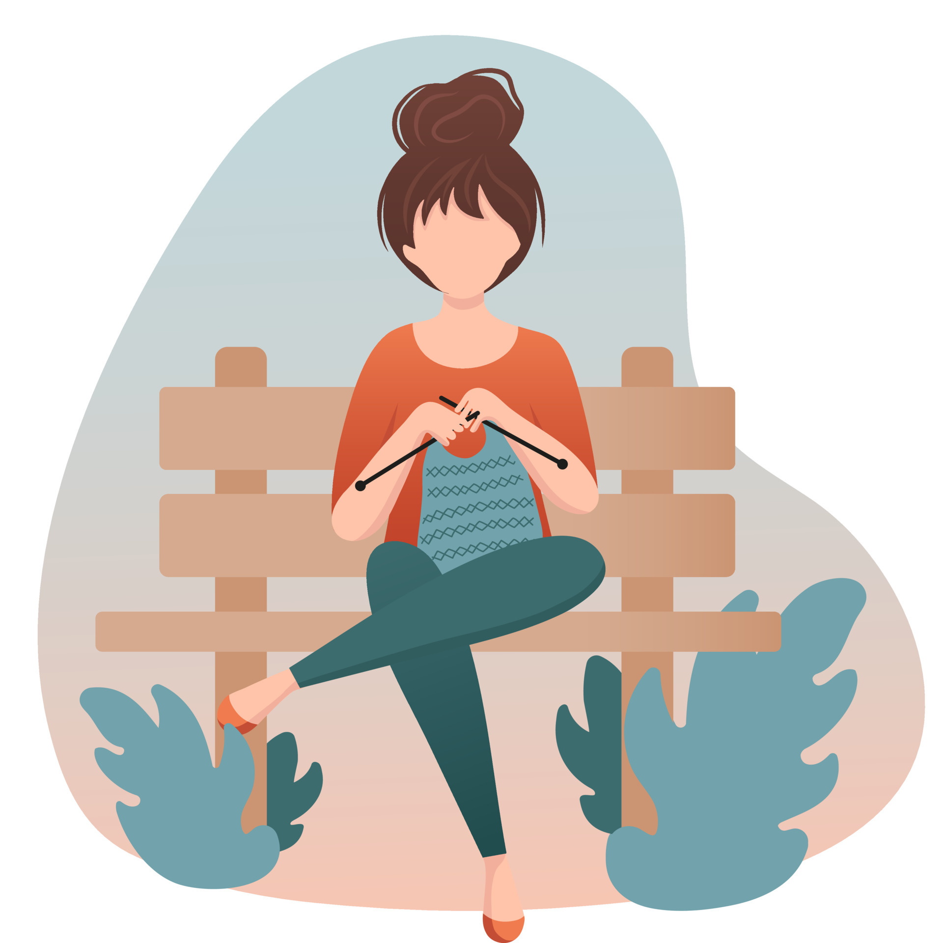 Woman knits at park sitting on bench. Knit in public place. Hobby time.  Cozy home. Vector cute flat cartoon illustration. Handmade concept. 5899718  Vector Art at Vecteezy