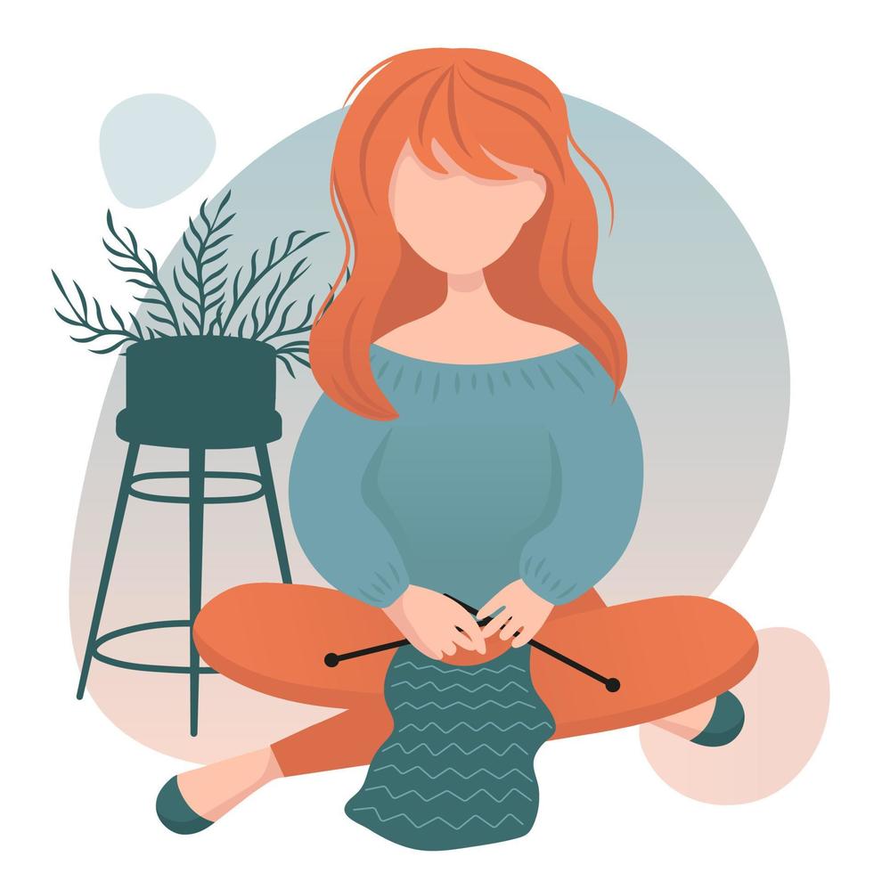 Woman knits at home. Hobby time. Cozy home. Vector cute flat cartoon illustration.  Handmade concept.