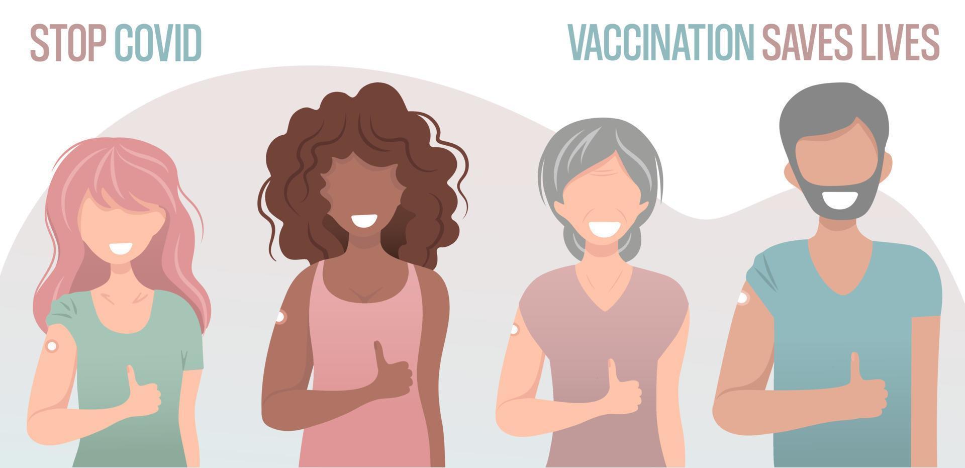 concepto de vacunación covid para la salud de la inmunidad. personas vacunadas de diferentes edades, razas, hombres y mujeres, internacionales, multiétnicas, multirraciales. salud, coronavirus. banner web vector