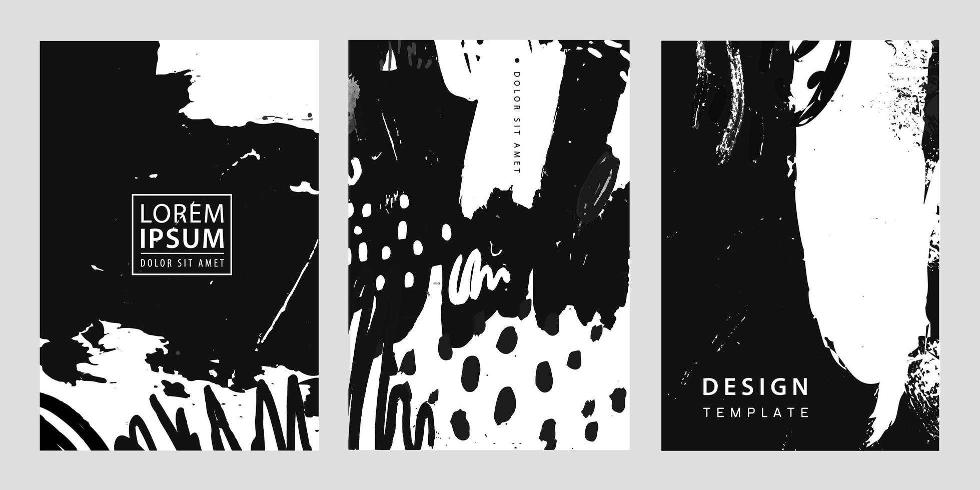 conjunto vectorial de portadas de moda, plantillas de banners. arte grunge en blanco y negro, pincel, volantes de tinta, diseño de folletos. uso para carteles, tarjetas, invitaciones, carteles, folletos vector