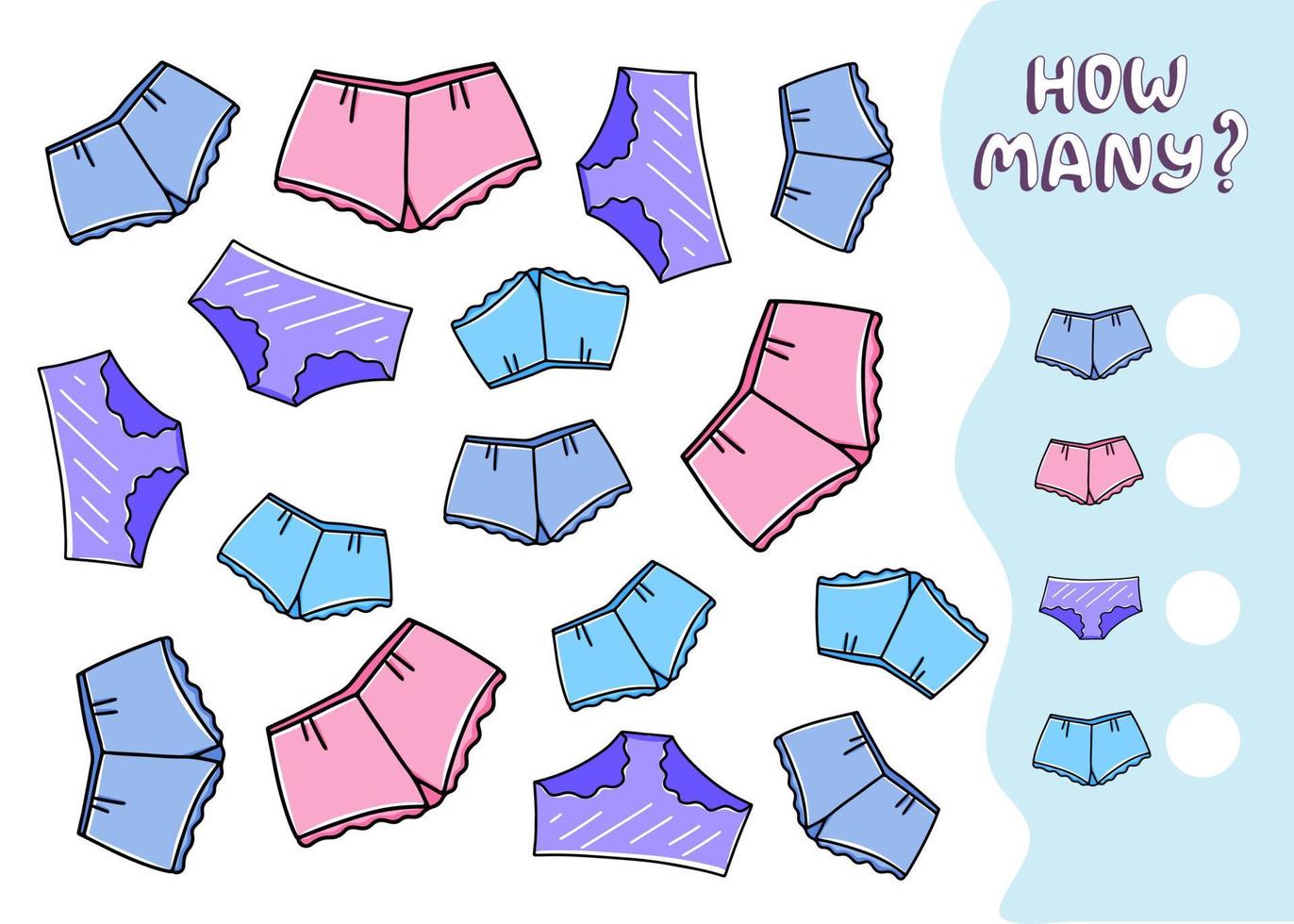 Counting educational game for preschool kids. Math children activity sheet. Count how many panties there are and write down the result. Vector illustration