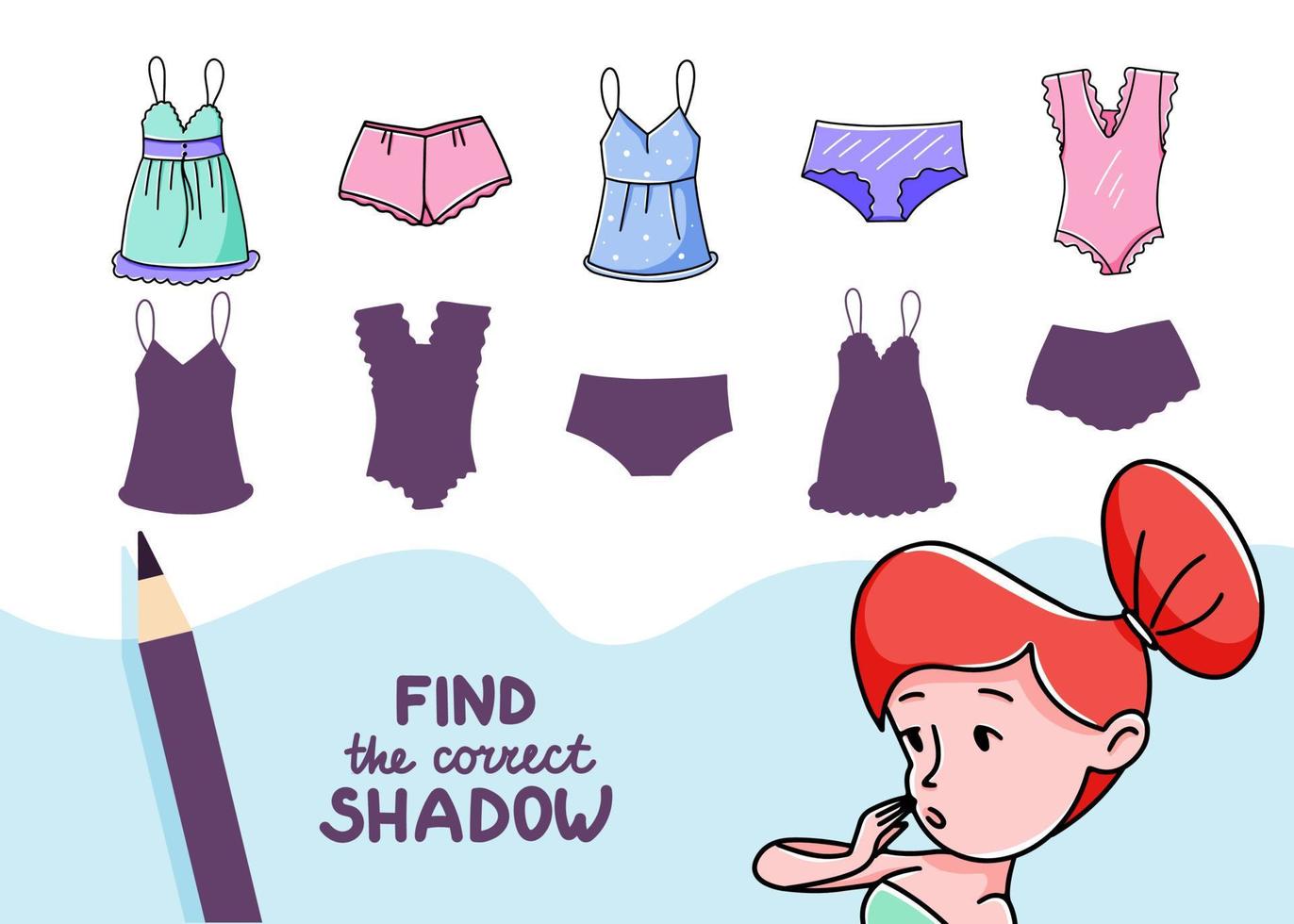 Find the correct shadow. Cute girl's underwear. Educational game for kids. Collection of children's games. Vector illustration in cartoon style