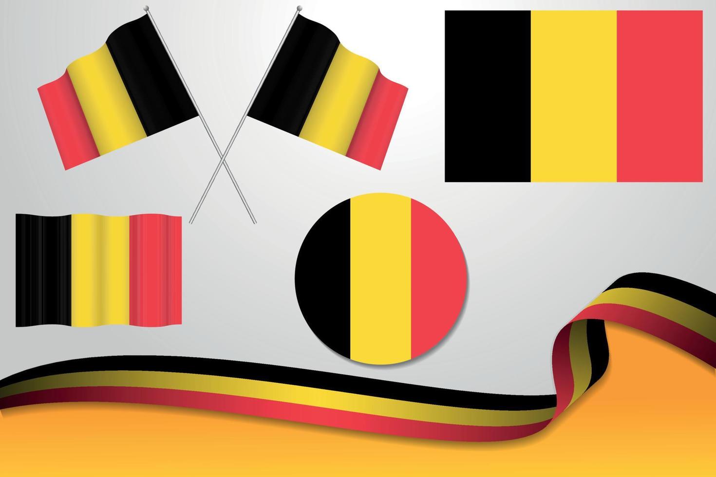 Set Of Belgium Flags In Different Designs, Icon, Flaying Flags With ribbon With Background. Free Vector