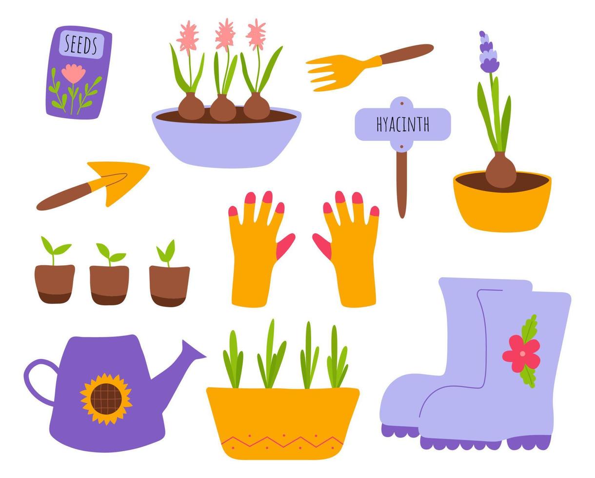 Collection garden tools and plants. Clipart elements for print, sticker, card. Gardening or horticulture concept. Spring aesthetic. Vector hand draw naive illustration.