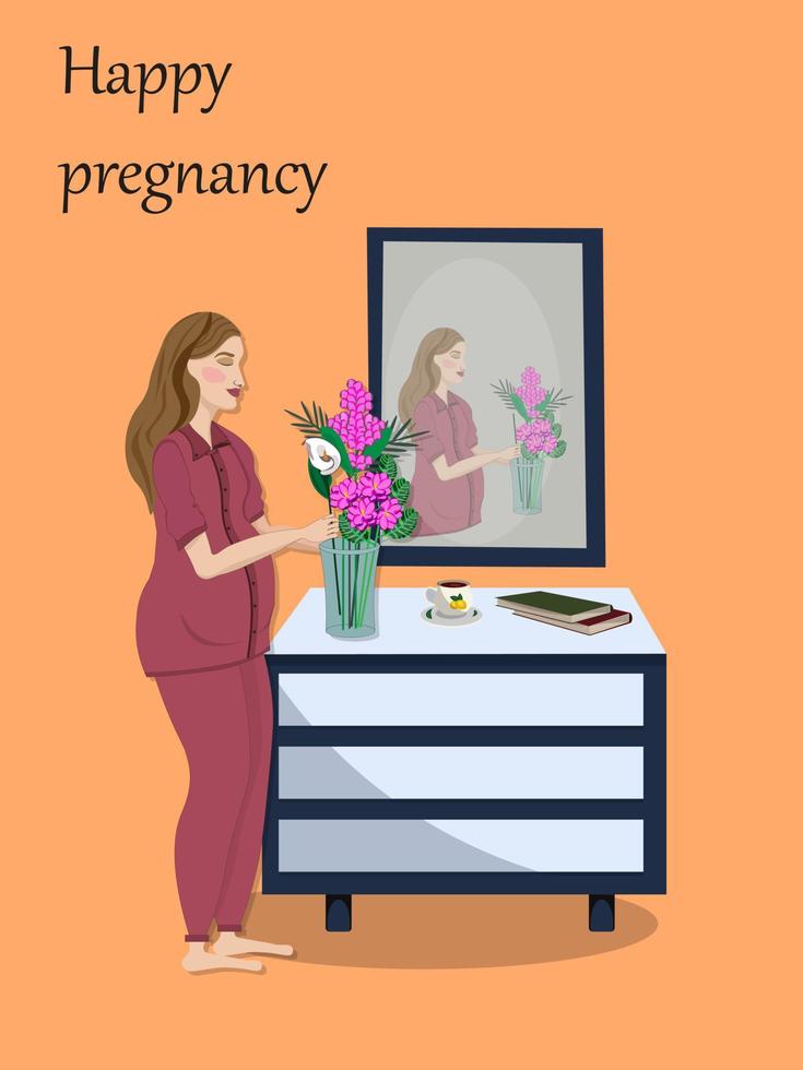 A pregnant woman puts flowers in a vase. Happy pregnancy and motherhood. Vector illustration in flat cartoon style