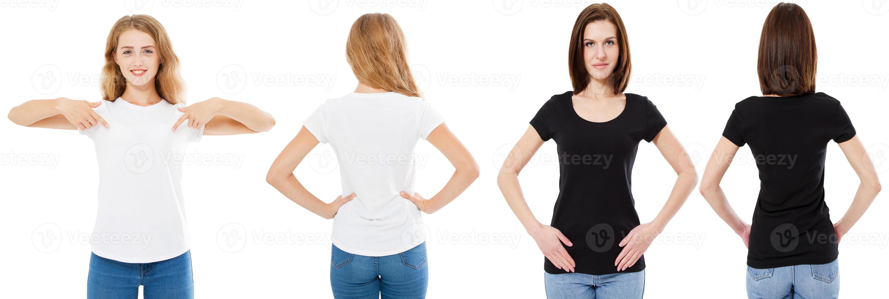 T-shirt set. Front and back view Brunette and Blonde in white and black t shirt isolated. Two girl in blank shirt, Mock up, Collage, Copy space, Template photo