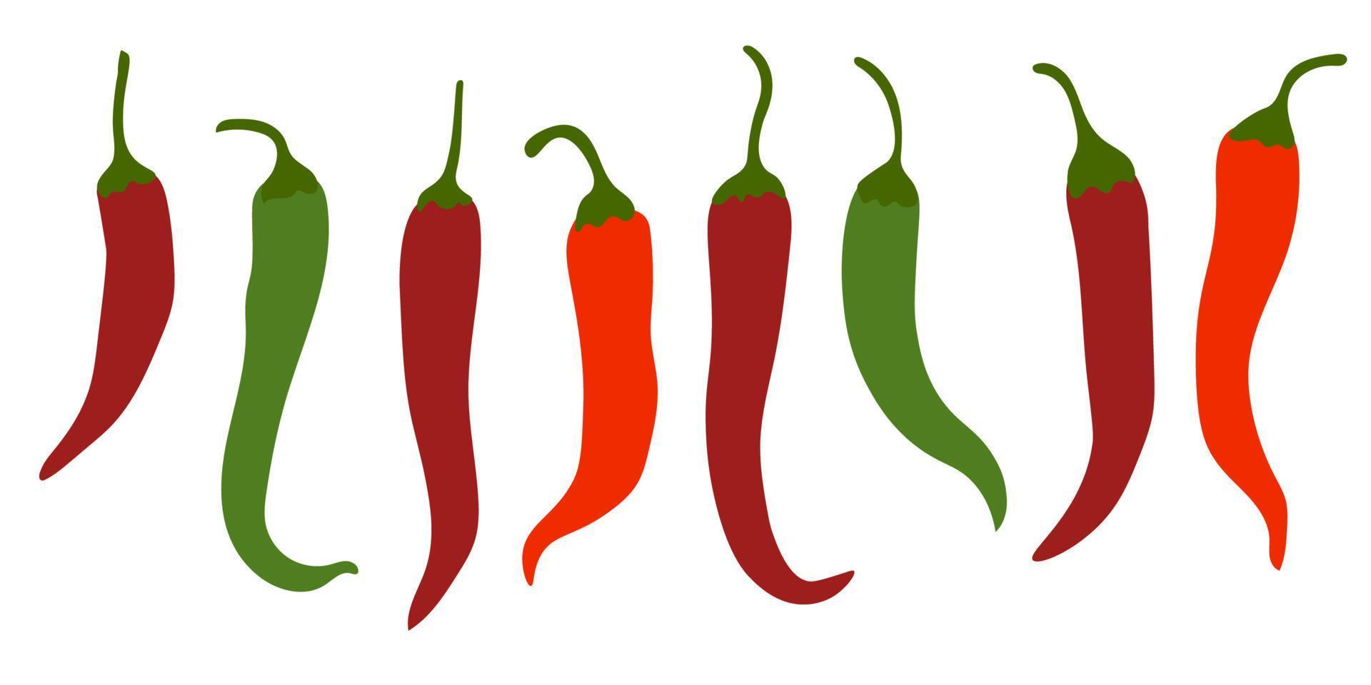 chiles picantes, iconos planos rojos y verdes, verduras para platos calientes aislados en fondo blanco. vector