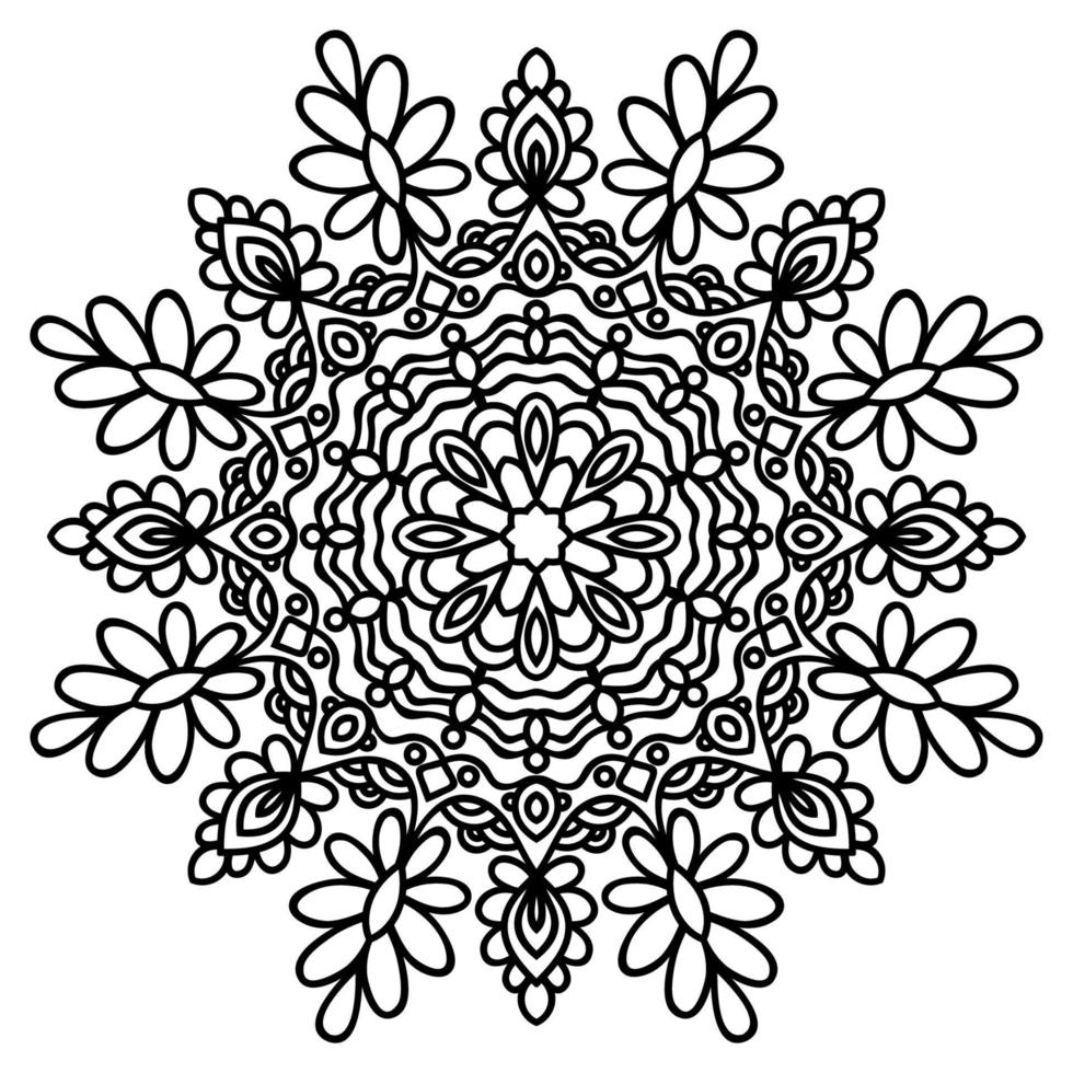 mandala de flores de contorno negro. elemento decorativo de época. flor de garabato redonda ornamental aislada sobre fondo blanco. elemento de círculo geométrico. vector