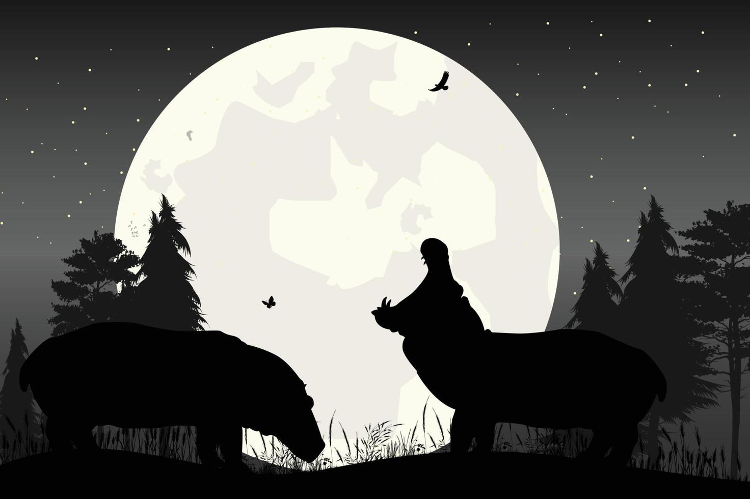 cute hippo and moon silhouette vector