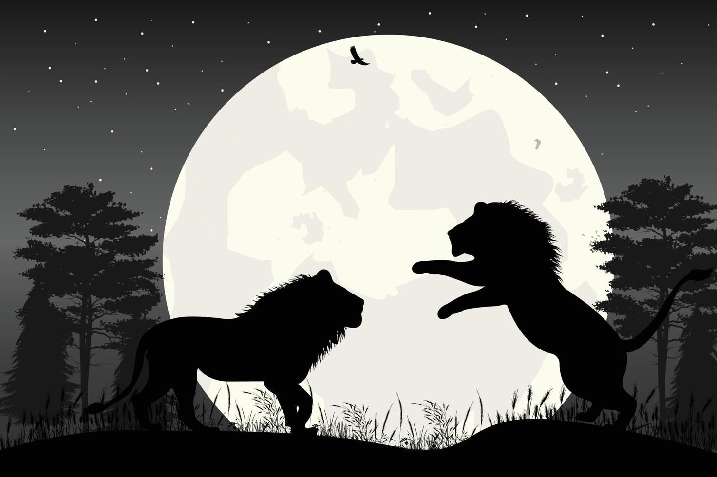 cute lion and moon silhouette vector