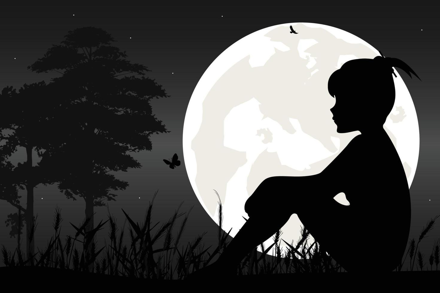 cute girl and moon silhouette vector