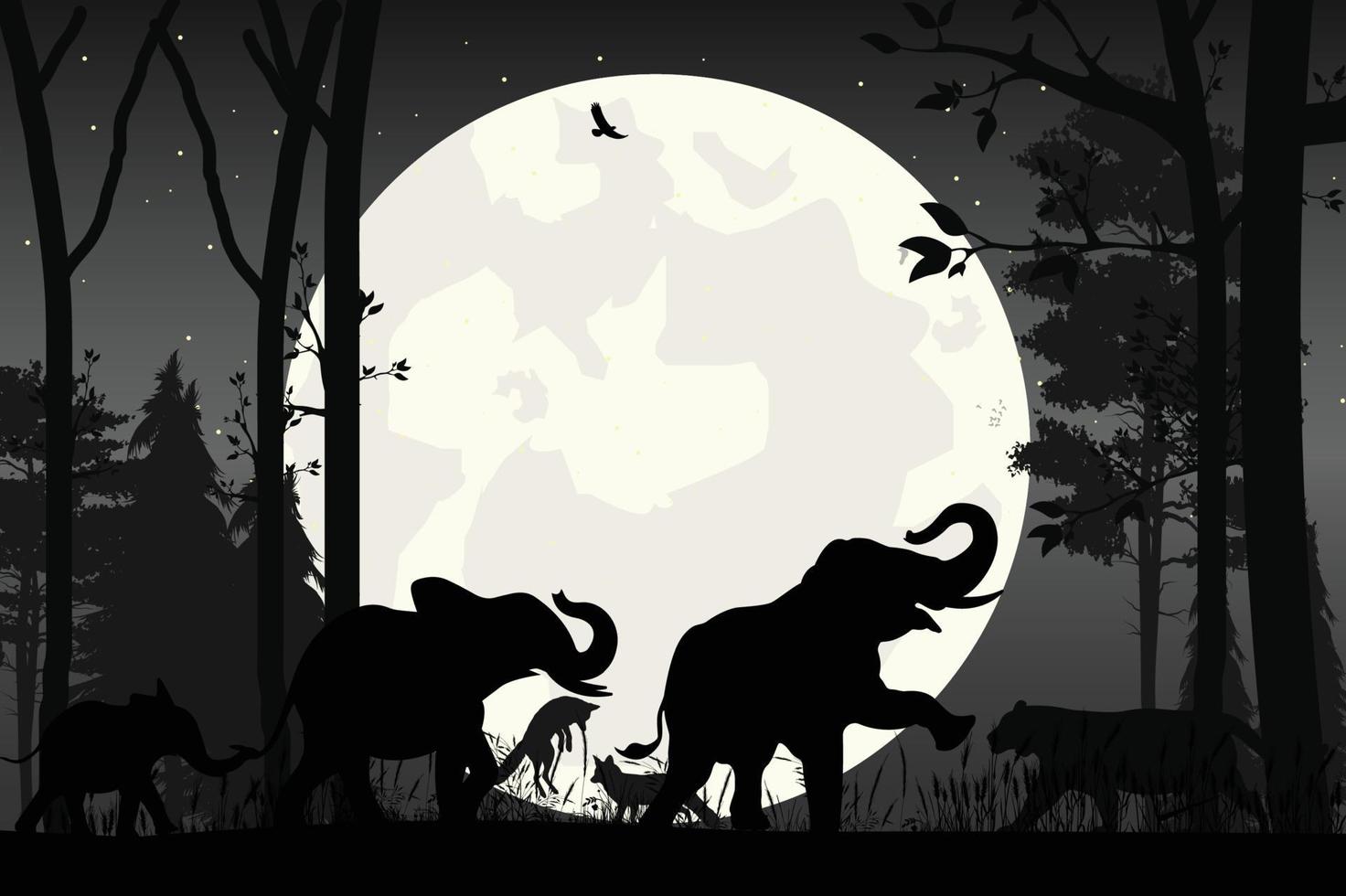 cute elephant and moon silhouette vector