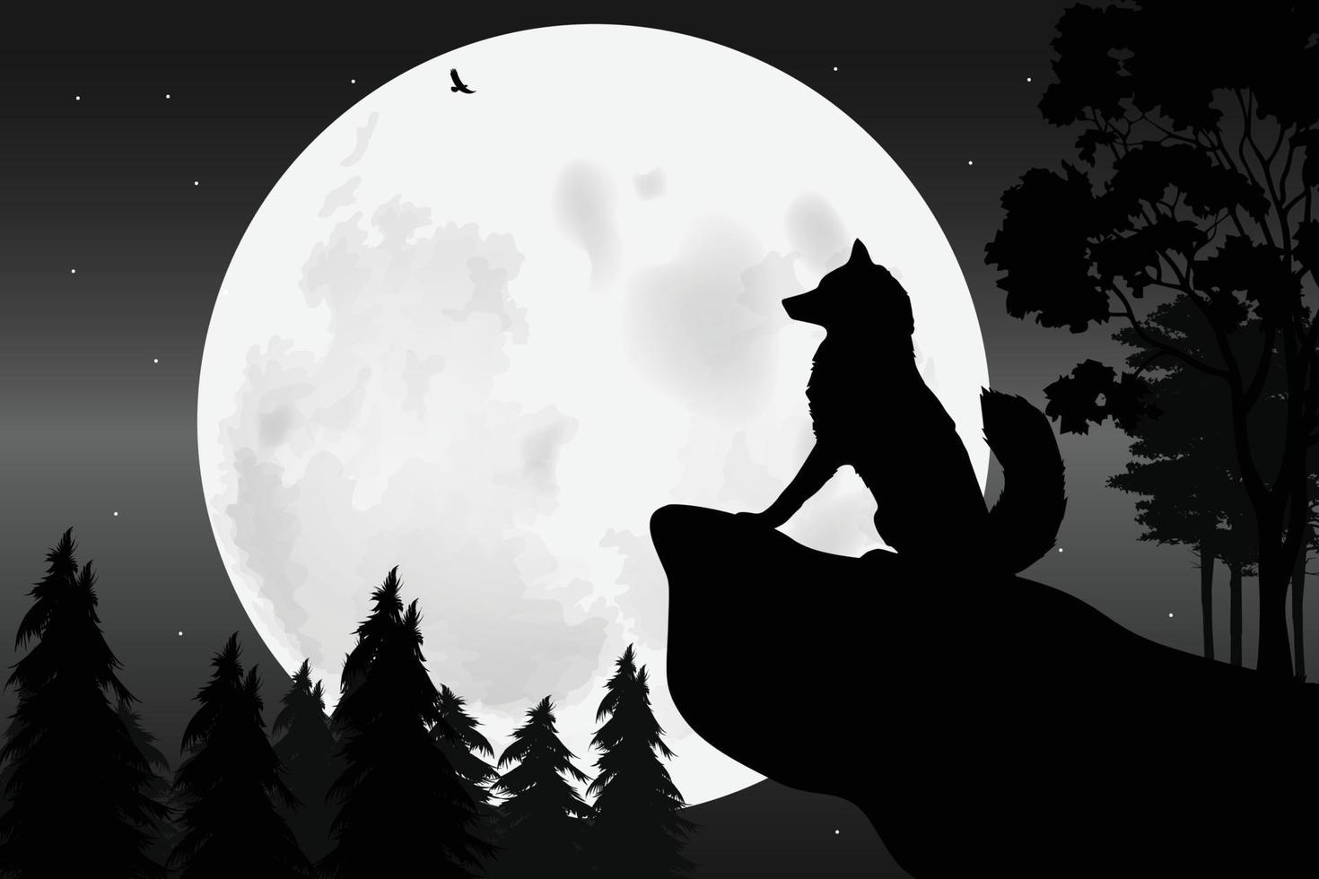 linda silueta de lobo y luna vector