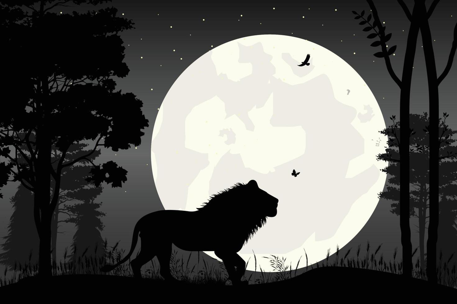 cute lion and moon silhouette vector