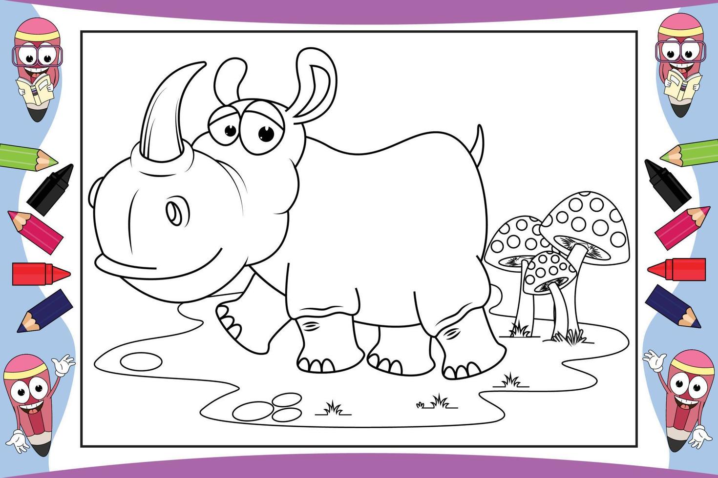 coloring rhino animal cartoon for kids vector