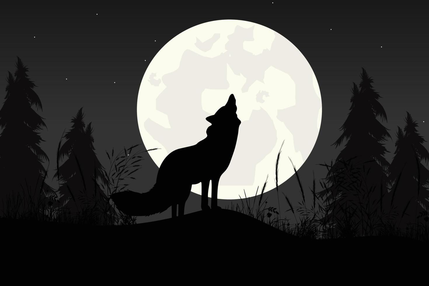 cute wolf and moon silhouette vector