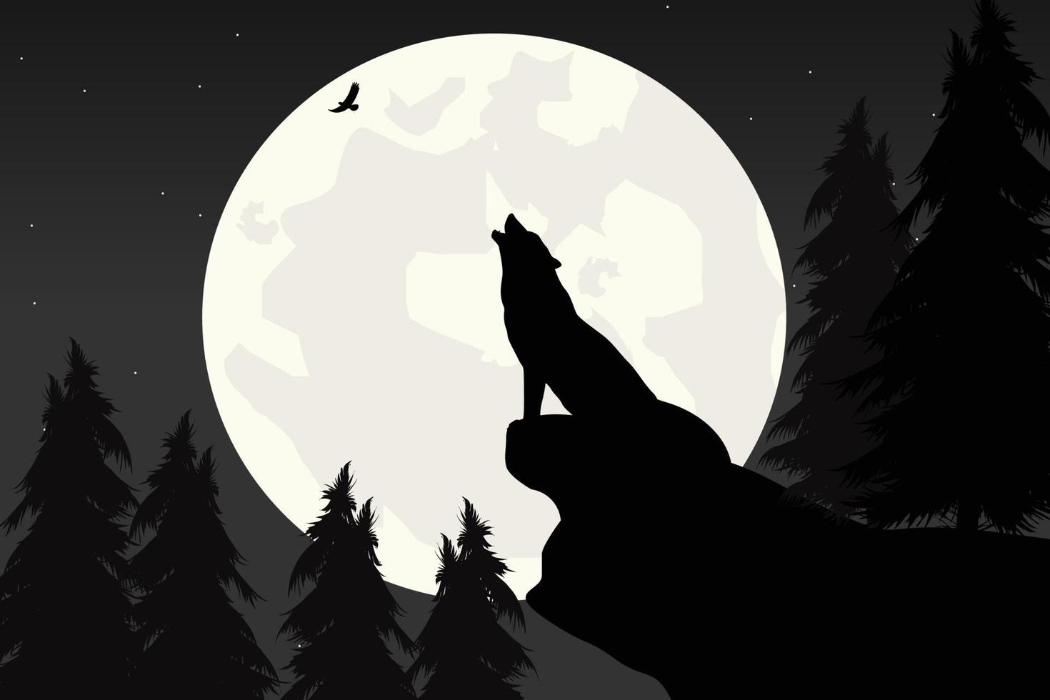 cute wolf and moon silhouette vector