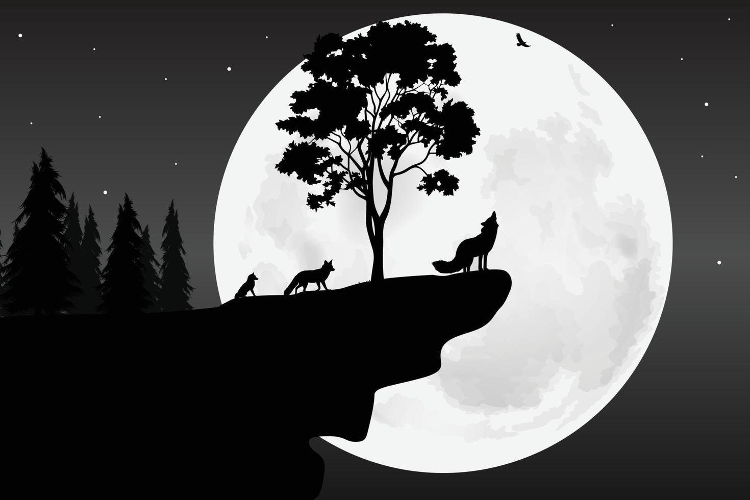 cute wolf and moon silhouette vector