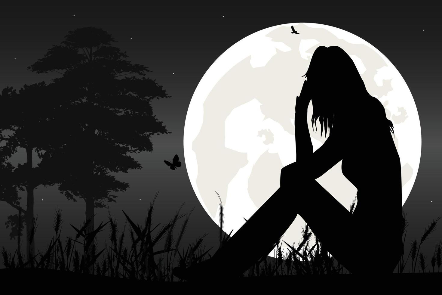cute girl and moon silhouette vector