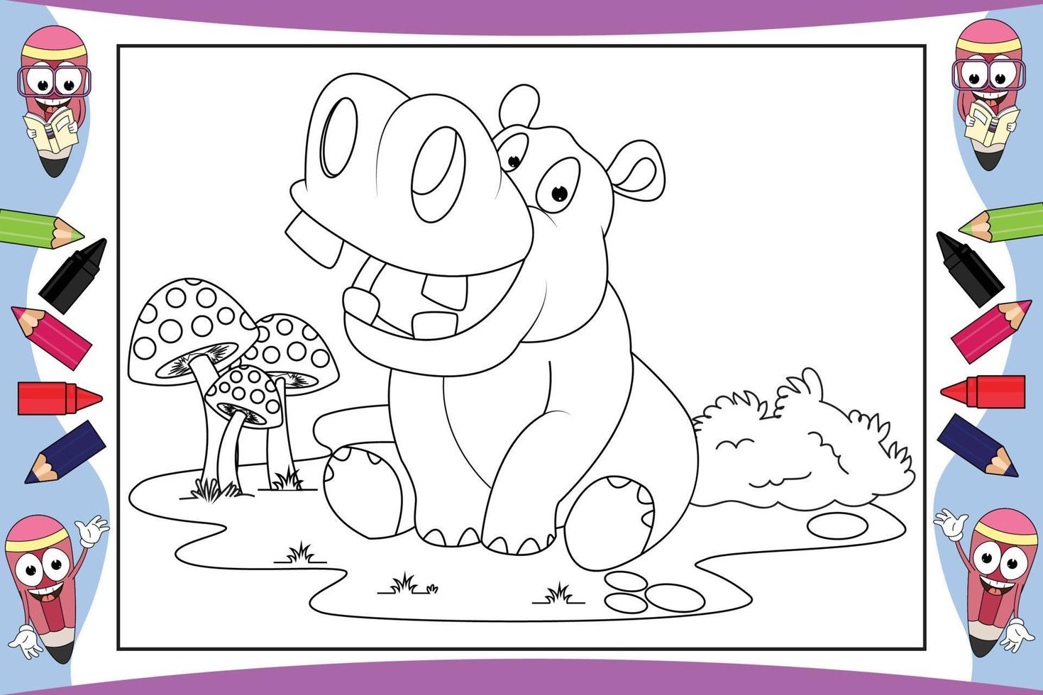 coloring hippo animal cartoon for kids vector